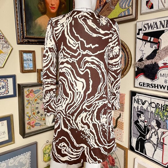Diane Von Furstenburg Brown and White 100% Silk Jersey Split Collar Tunic Size 6 - Picture 4 of 7